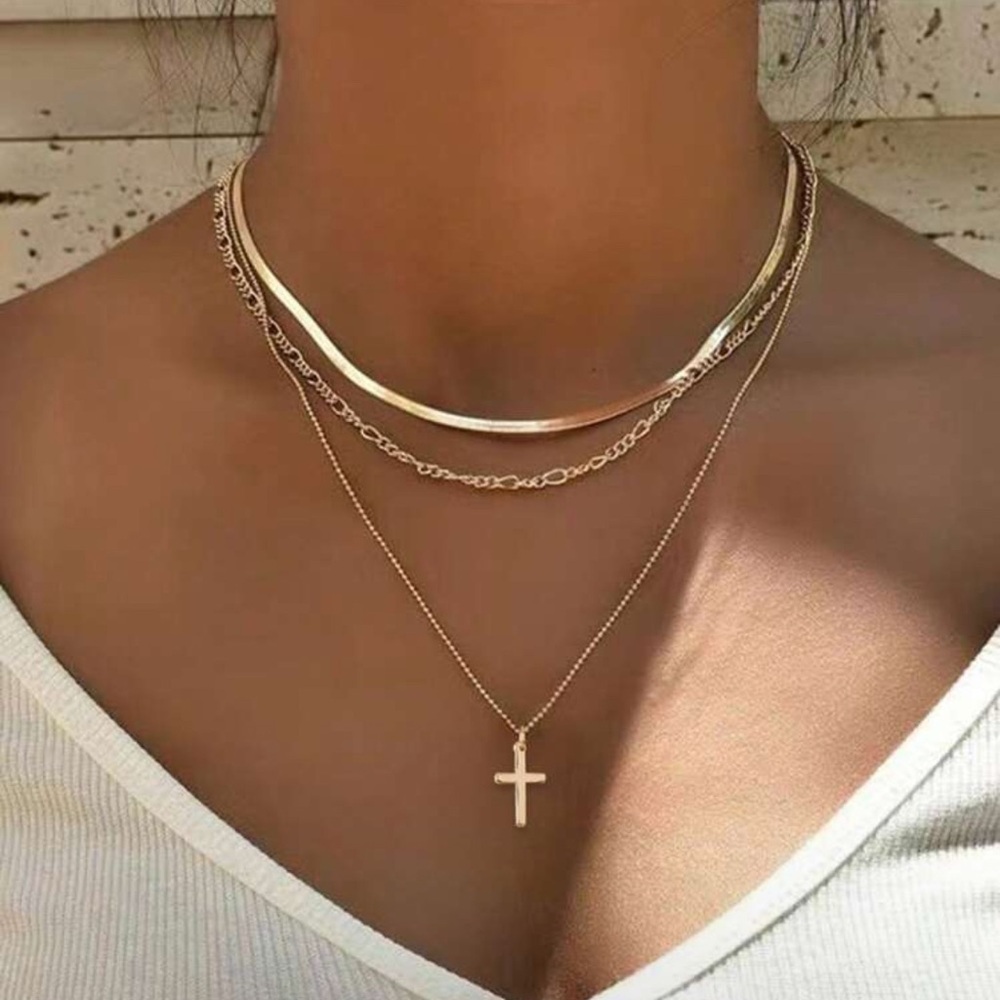 Gold Plated Stainless Steel 3pc Cross Herringbone Necklace Set